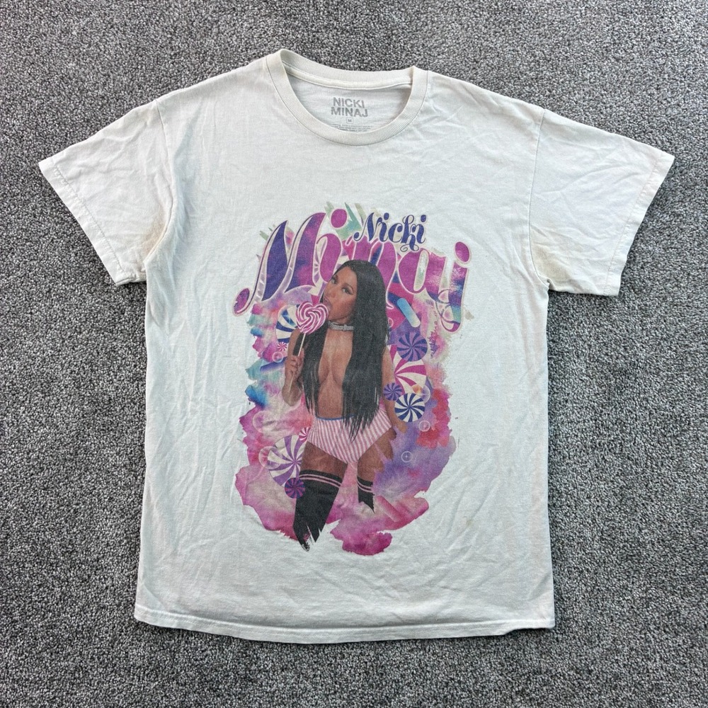 Y2K Nicki Minaj Shirt Mens Medium White Cotton Pink Print Rap Tee Hip Hop